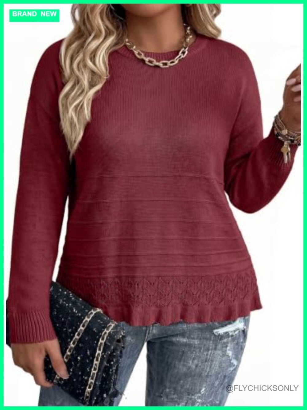Plus Size Long Sleeve Crew Neck Pullover Sweater Ruffle Hem Knit Top